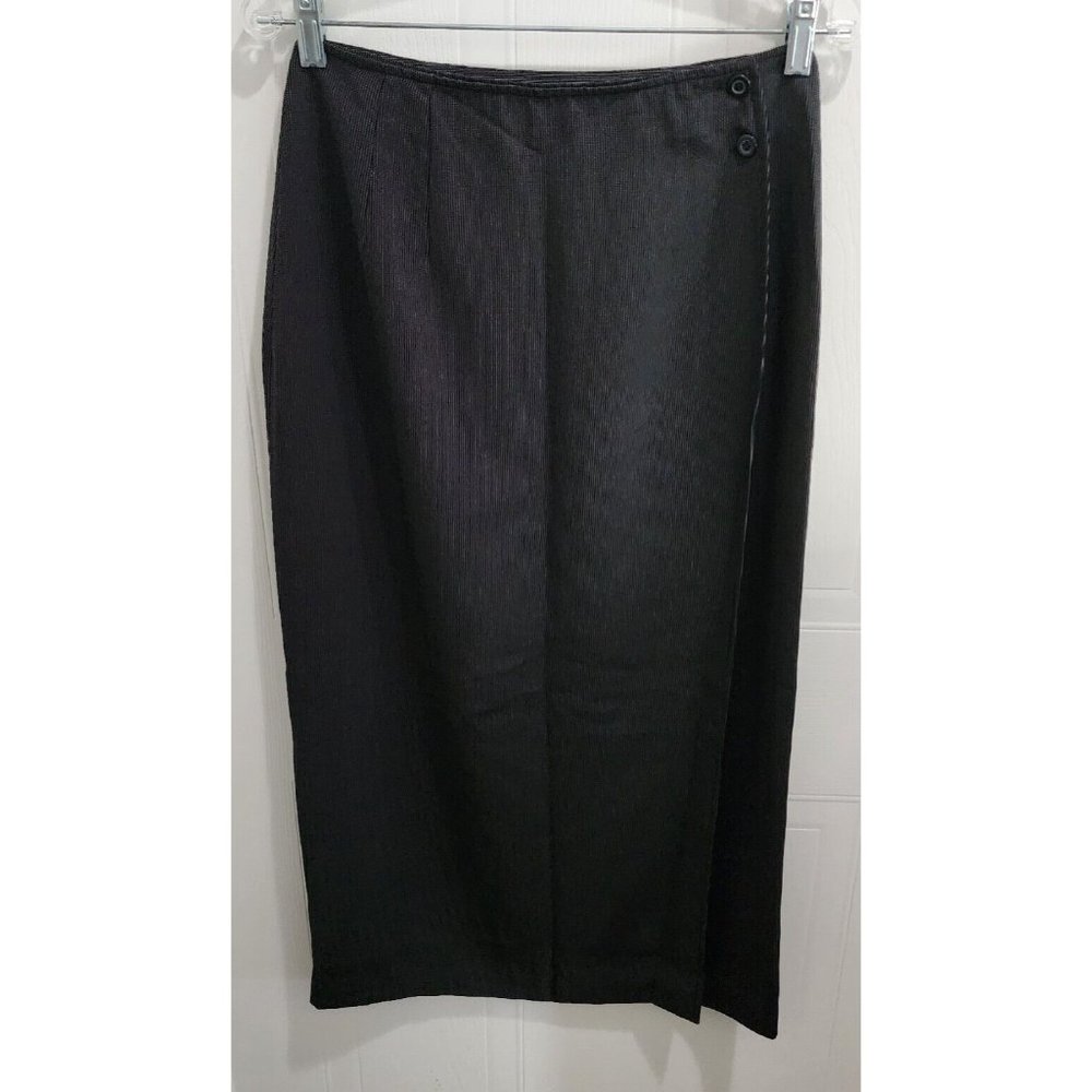 Halston Women's Long Maxi Wrap Pencil Skirt Black/White Accent Button Close Sz 8